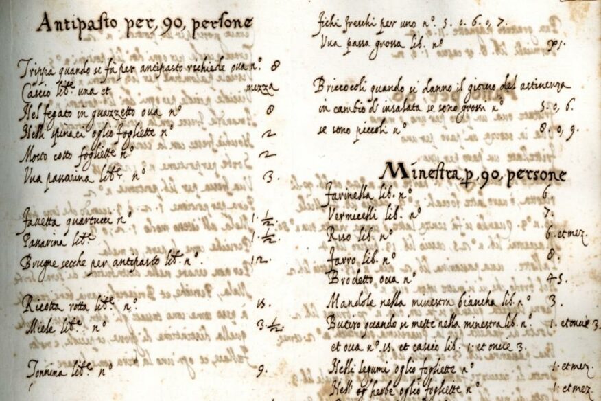 Pagina di un registro del 1500 del noviziato dei gesuiti a Sant'Andrea al Quirinale, in cui sono descritti ingredienti e ricette per la refezione