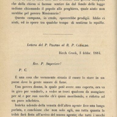 Particolare di una scritta da p. Prando, in missione a Birch Creek negli Stati Uniti, al Superiore P. Cataldo. datata 3 febbraio 1884. Le lettere edificanti pubblicate sono conservate nell'Archivio Storico EUM a Roma