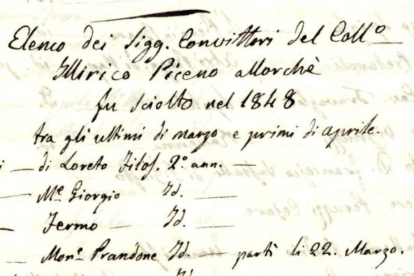 Particolare del diario di casa della residenza di Loreto con riferimento ai moti del 1848 e alla chiusura del Collegio Illirico