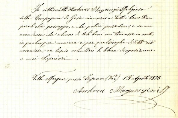 Dettaglio della rinuncia ai beni firmata dal gesuita Andrea Maganzini - Archivio Storico - Gesuiti, Provincia Euro-Mediterranea