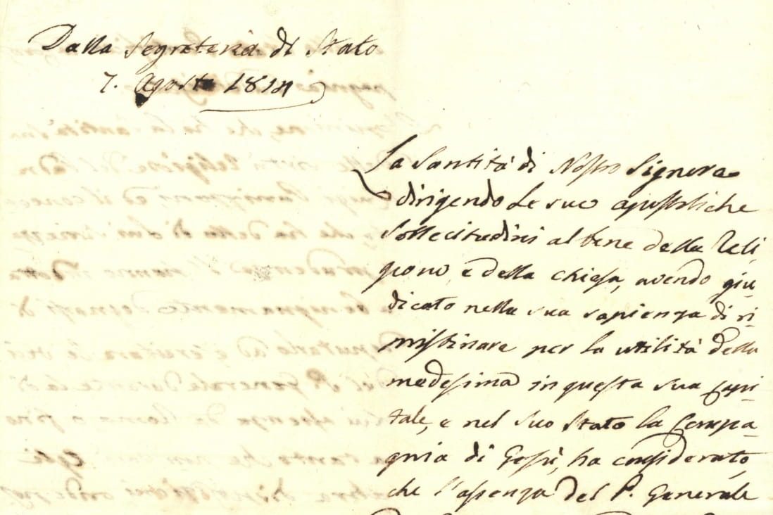 Documento della Segreteria di Stato Pontificia del 7 agosto 1814 sull'organizzazione della Compagnia in occasione della ricostituzione - Archivio Storico - Gesuiti, Provincia Euro-Mediterranea
