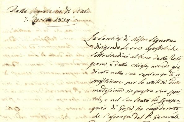 Documento della Segreteria di Stato Pontificia del 7 agosto 1814 sull'organizzazione della Compagnia in occasione della ricostituzione - Archivio Storico - Gesuiti, Provincia Euro-Mediterranea